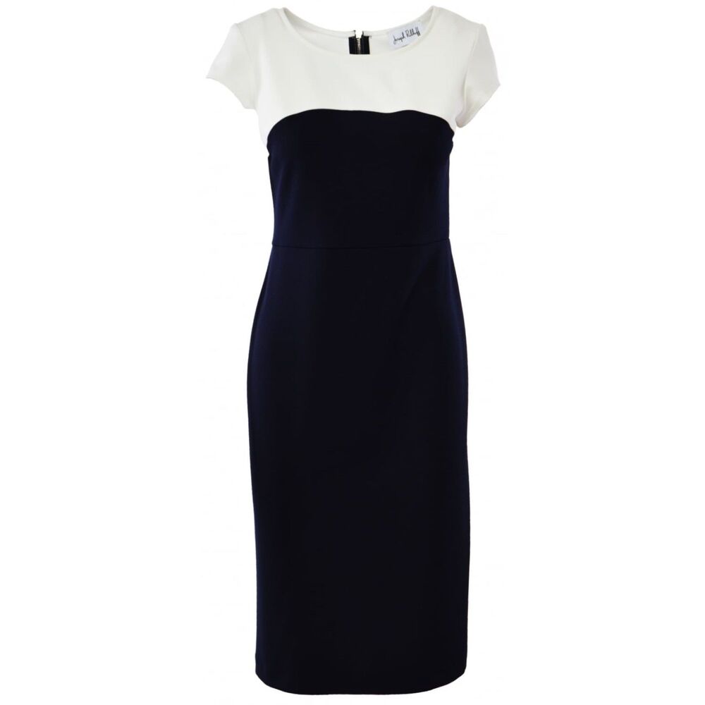 NWT - JOSEPH RIBKOFF Two Tone Navy/Ecru Shift Dress Midi Length, Sz 4